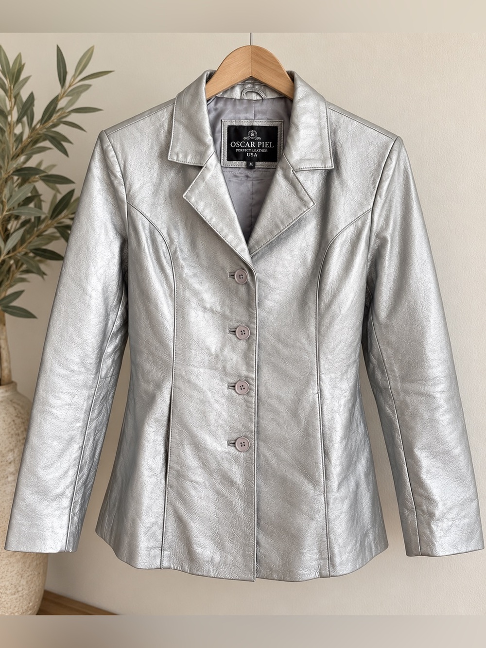 Vintage Oscar Piel Genuine Leather Blazer Metallic Silver NWT M